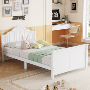 English Elm Twin Solid Wood Platform Bed with Guardrail for Kids, Low-Profile Sturdy Pine Frame, Safe Sleep Solution White 45.75 L x 26 W x 6.5 H W2593P339596
