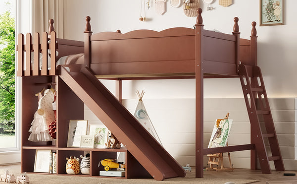 English Elm Twin Loft Bed Solid Pine Frame with Wardrobe Shelving Detachable Slide Kids Room Antique Natural W5305S00025