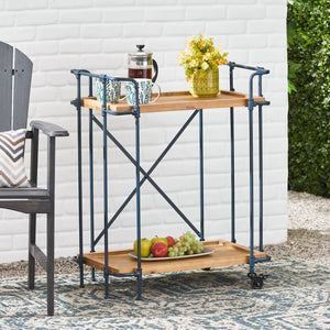 English Elm Christopher Knight Home® - EDEN Rustic Blue-Brown Plummers Bar Cart with Firwood Shelves & Iron Frame, Mobile 2-Tier Serve 56503.00