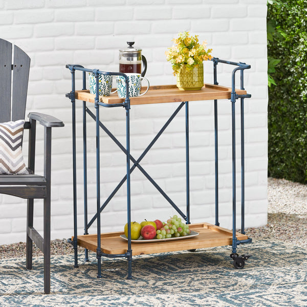 English Elm Christopher Knight Home® - EDEN Rustic Blue-Brown Plummers Bar Cart with Firwood Shelves & Iron Frame, Mobile 2-Tier Serve 56503.00