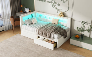 English Elm Upholstered Twin Platform Bed with USB Ports, LED Light Belt, Linen Backrest & 2 Storage Drawers White DL001926AAK
