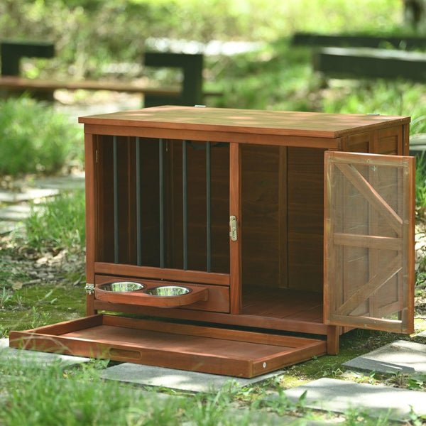 English Elm 33" Pine Wood Pet Crate End Table with Walnut Finish Swivel Feeder and Foldable Frame N843P322021W