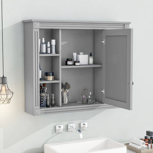English Elm 35'' Modern Medicine Cabinet with Mirror and Towel Rod, MDF Wall-Mounted Bathroom Storage with Adjustable Shelves and Soft-Close Hinges Grey WF305081AAE
