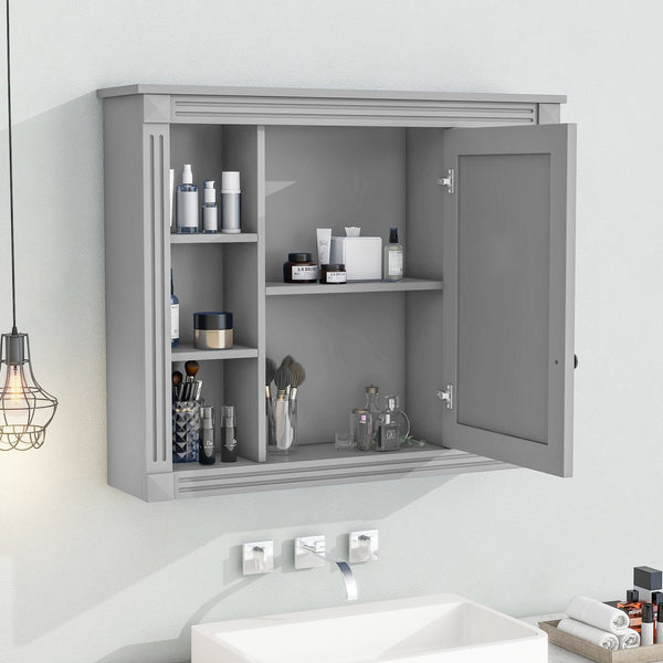 English Elm 35'' Modern Medicine Cabinet with Mirror and Towel Rod, MDF Wall-Mounted Bathroom Storage with Adjustable Shelves and Soft-Close Hinges Grey WF305081AAE