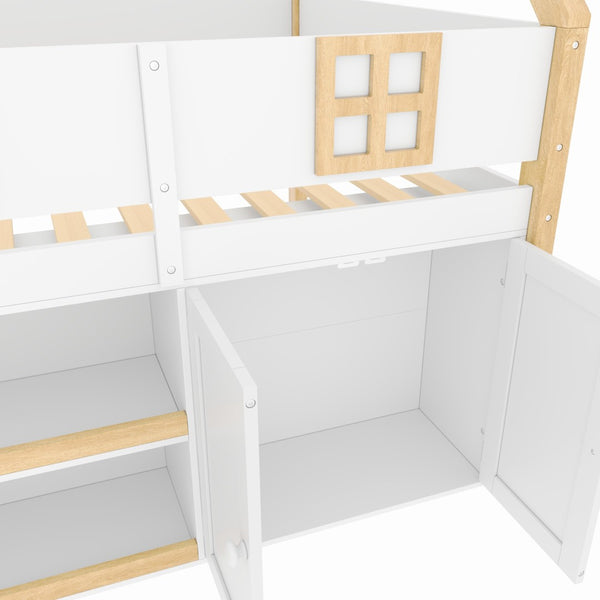 English Elm Twin-size Pine Low Loft Bed with House Canopy Step Stairs Storage Cabinet Led Lights N7090005032K