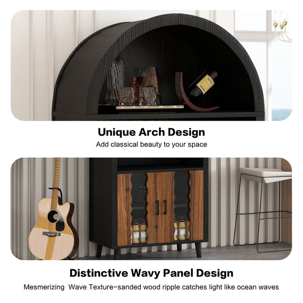 English Elm 71"Farmhouse Arched Wine Bar Cabinet with 15 Bottle Racks, 16 Glass Holders, Anti-Tip Safety for Living/Dining Black+Natural W2977P338242