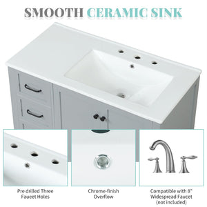 English Elm 36" Freestanding Bathroom Vanity Solid Wood Mdf Cabinet Ceramic Undermount Sink Open Shelf Grey N725P364203E