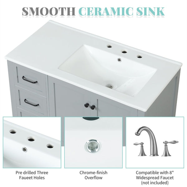 English Elm 36" Freestanding Bathroom Vanity Solid Wood Mdf Cabinet Ceramic Undermount Sink Open Shelf Grey N725P364203E