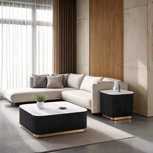 English Elm Contemporary Square End Table With Marble Top, Gold Accents & Black Plinth Base For Modern Spaces B2741P395389