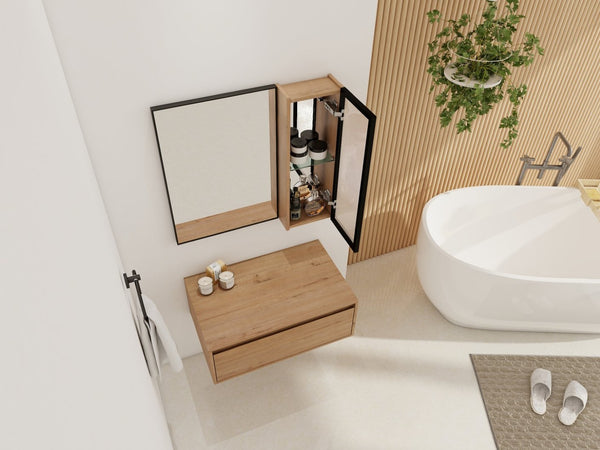 English Elm 30'' Wall Mounted Mirror Cabinet Black Aluminum Acrylic Door Floating Bathroom Storage W999S00538