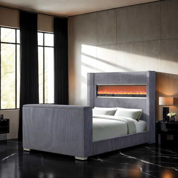 English Elm Black Queen Platform Bed Wingback Headboard Motorized Tv Lift Fireplace Bluetooth Gray,Multi B2741S00799