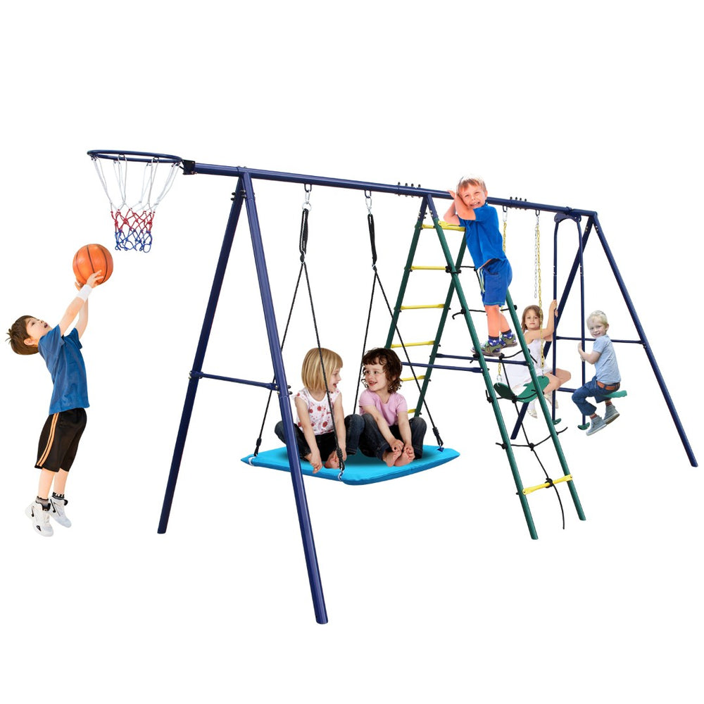 English Elm 6 Activity Steel A-frame Backyard Swing Set with Hammock Glider Climbing Net Hoop W1408P367264