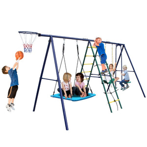 English Elm 6 Activity Steel A-frame Backyard Swing Set with Hammock Glider Climbing Net Hoop W1408P367264