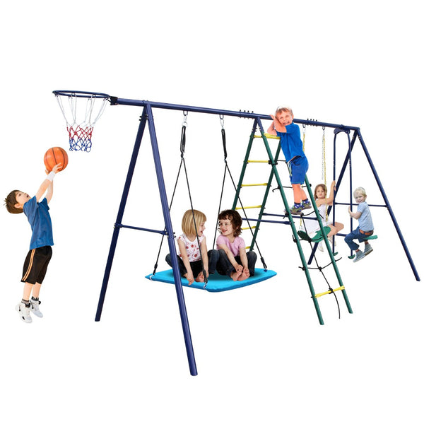 English Elm 6 Activity Steel A-frame Backyard Swing Set with Hammock Glider Climbing Net Hoop W1408P367264
