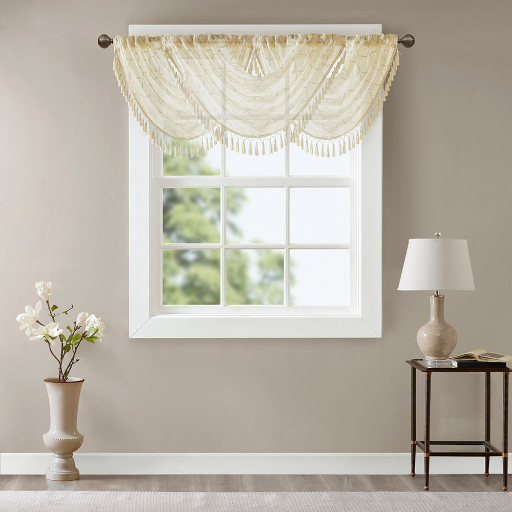 JLA Home Madison Park - Diamond Sheer Embroidered Valance with Tassel Trim — Soft Waterfall Drape, Neutral Texture for Layering MP41-4937