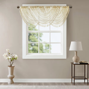 JLA Home Madison Park - Diamond Sheer Embroidered Valance with Tassel Trim — Soft Waterfall Drape, Neutral Texture for Layering MP41-4937
