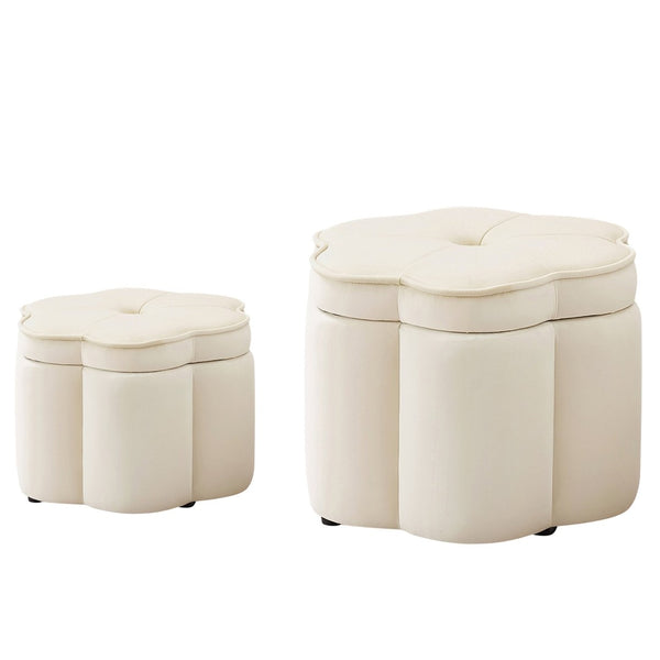 English Elm Set of 2 Flower Petal Velvet Storage Ottomans Sculptural Nesting Seating for Living Room Cream W2186P440352