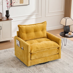 English Elm UNITED Swivel Barrel Chair with Chenille Upholstery, 360° Smooth Rotation, Padded Arm Comfort and Side Pockets for Living Room Relaxation Mustard yellow W1568P290085