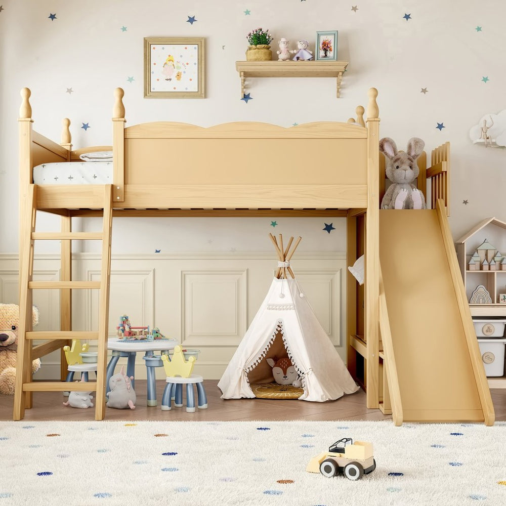 English Elm Twin Loft Bed Solid Pine Frame with Wardrobe Shelving Detachable Slide Kids Room Natural W5305S00017