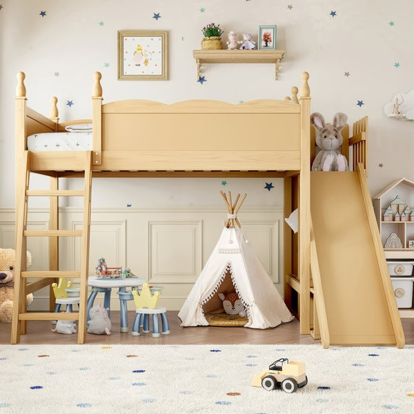 English Elm Twin Loft Bed Solid Pine Frame with Wardrobe Shelving Detachable Slide Kids Room Natural W5305S00017