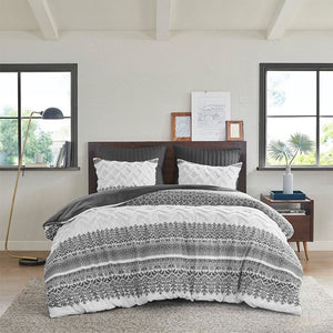 English Elm Full/Queen Mila 3-Piece Cotton Duvet Cover Set with Gray Botanical Print & Chevron Chenille Tufting, Reversible Comfortable Design B03596501