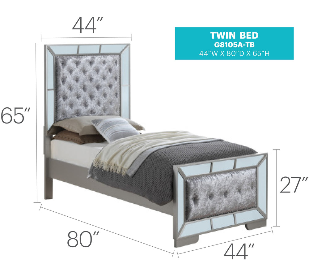 English Elm Elegant Silver Champagne Twin Bed Frame — Contemporary 64"H x 44"W x 80"D, Durable Particleboard, Easy Assembly, Refined Finish B078S00555