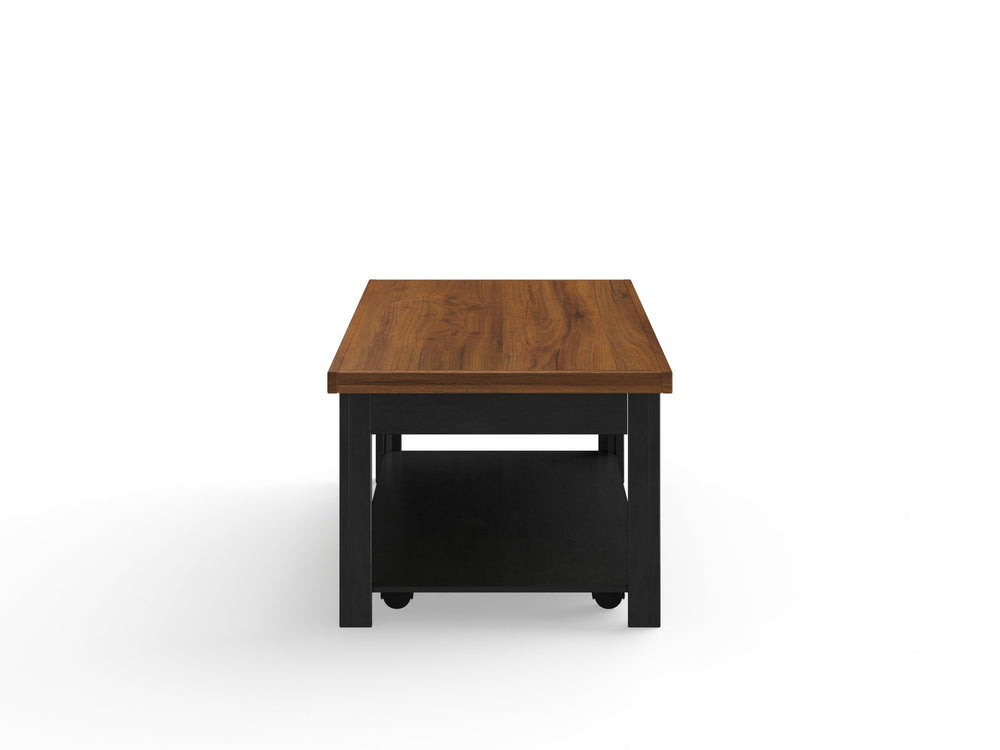 English Elm 48 Modern Farmhouse Coffee Table Black & Whiskey Finish, 48" Solid Wood Top, Shelf, Casters, Fully Assembled B108P160149