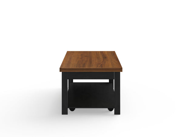 English Elm 48 Modern Farmhouse Coffee Table Black & Whiskey Finish, 48" Solid Wood Top, Shelf, Casters, Fully Assembled B108P160149