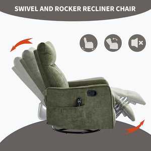 English Elm Beige Fabric Swivel Rocker Recliner with Massage Nodes and Lumbar Heat for Living Room Antique Green W1803P363423