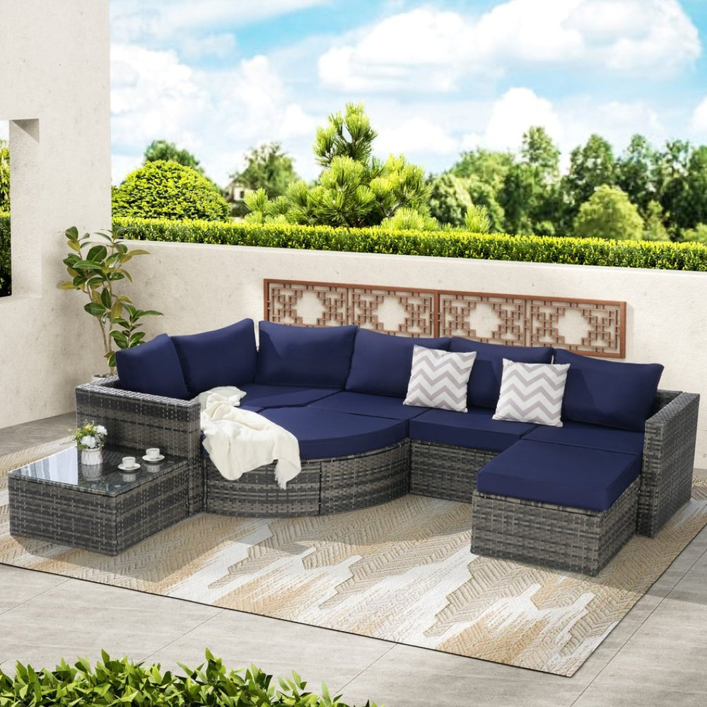 English Elm 8 Piece Outdoor Wicker Sectional Set with Curved Sofa Ottoman and Tempered Glass Table Dark Blue W874S00041