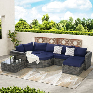 English Elm 8 Piece Outdoor Wicker Sectional Set with Curved Sofa Ottoman and Tempered Glass Table Dark Blue W874S00041