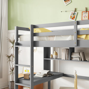 English Elm Twin Loft Bed with Built-In Desk and Bookcase, Pine Frame, Safety Guardrail, Ladder for Study Space Grey W504P181852