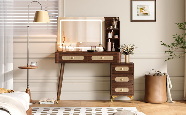 English Elm 47''Vintage Elegant Makeup Vanity with Lights and Mirror, 5-Drawer Rattan Design, Solid Wood Craftsmanship Dark Walnut 46 L x 27 W x 8 H N733P337468D