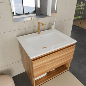 English Elm 24 Inch Floating Bathroom Vanity Fluted Walnut Cabinet with Ceramic Sink Modern W3520S00041