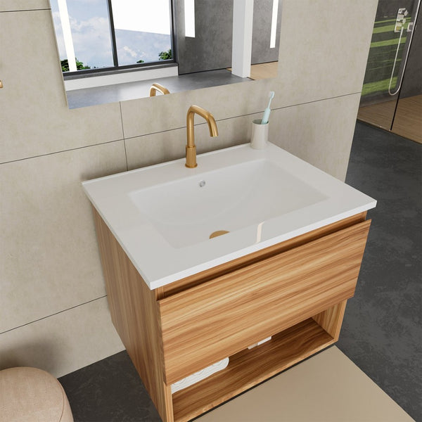 English Elm 24 Inch Floating Bathroom Vanity Fluted Walnut Cabinet with Ceramic Sink Modern W3520S00041