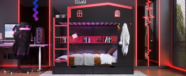 English Elm Twin Xl Solid Pine Loft Bed with Built-in Led Lighting and Storage Shelves W1580S00391
