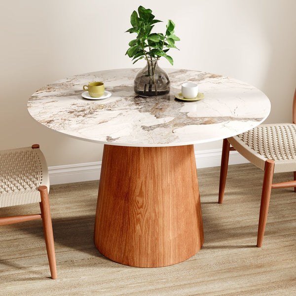 English Elm Small Round Solid Wood Pedestal Dining Table with Sintered Stone Top, Durable Family-Friendly Design T3833S00037 T3833S00037