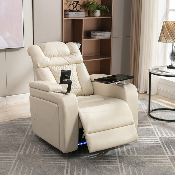 English Elm 270 270 Degree Swivel PU Leather Power Recliner Chair with Tray Table, Cup & Phone Holders, USB Port, Hidden Storage, Infinite Positions for Home Theater White N719S001190A