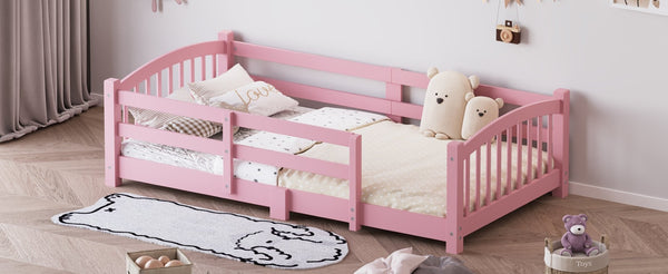 English Elm Twin Montessori Floor Bed Solid Pine Frame with Safety Guardrails for Kids Bedroom Pink N733P400298H