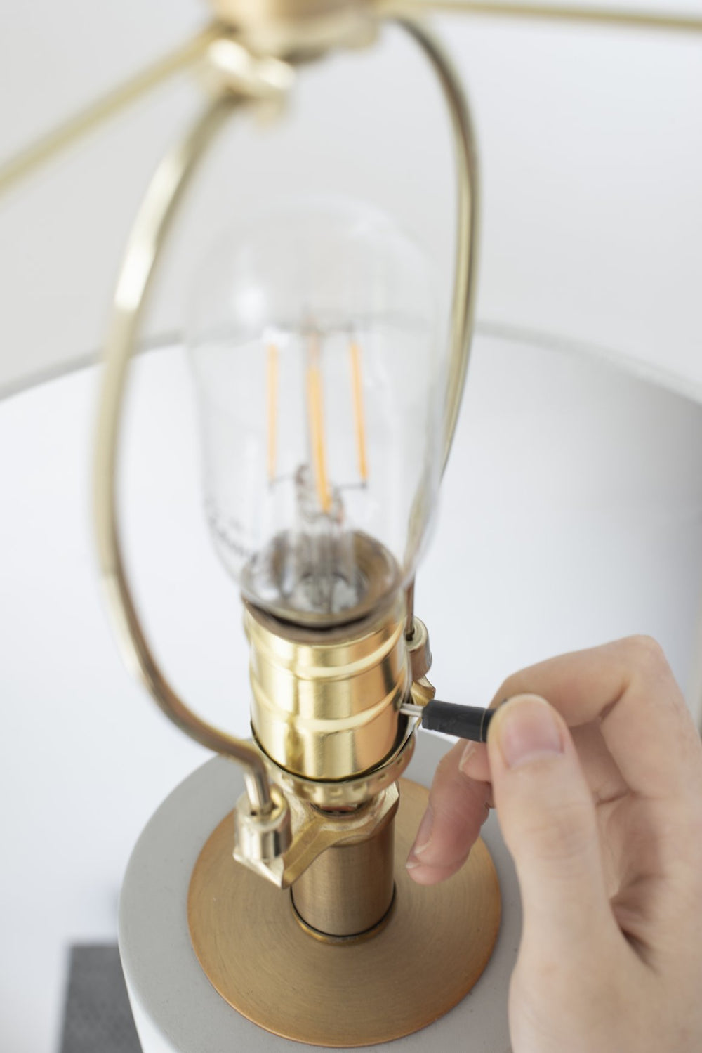 English Elm 15x15x30" Cement With Metal Table Lamp — Modern Cylindrical Concrete Base, Brass Band Accent, White Drum Shade W2078P324062