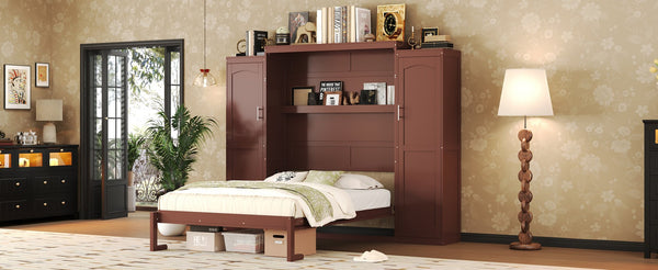 English Elm Full Full Size Murphy Bed with Two Wardrobes and Foldable Platform, Space-Saving Modern Guest Solution Walnut 84.9 L x 12 W x 7 H N733S235596D