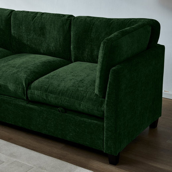 English Elm 96.5" L-shaped Chenille Sectional with Storage Ottoman Eucalyptus Frame Living Room Green W1097S00283