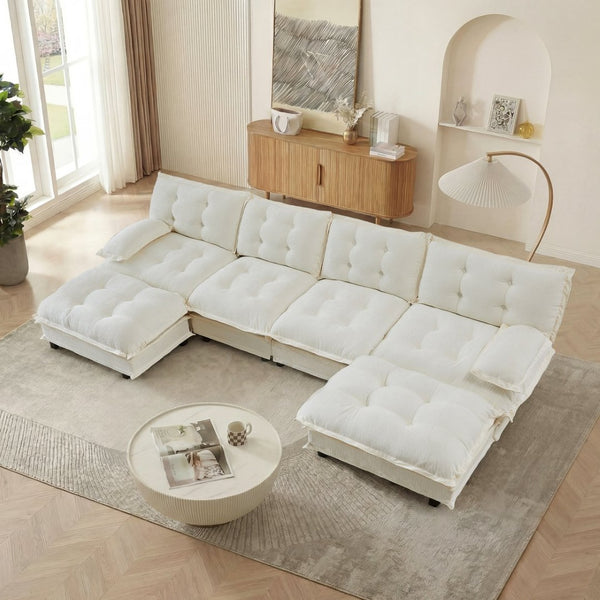 English Elm 138" U-shaped Chenille Cloud Sectional Sofa Four Seat Modular with Ottomans Lounge W714S01685