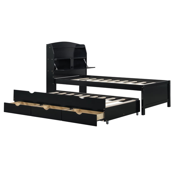 English Elm Twin LED Platform Bed with Trundle and Under-Storage Drawers, Flip-Up Headboard, USB Ports Espresso N820S10008D