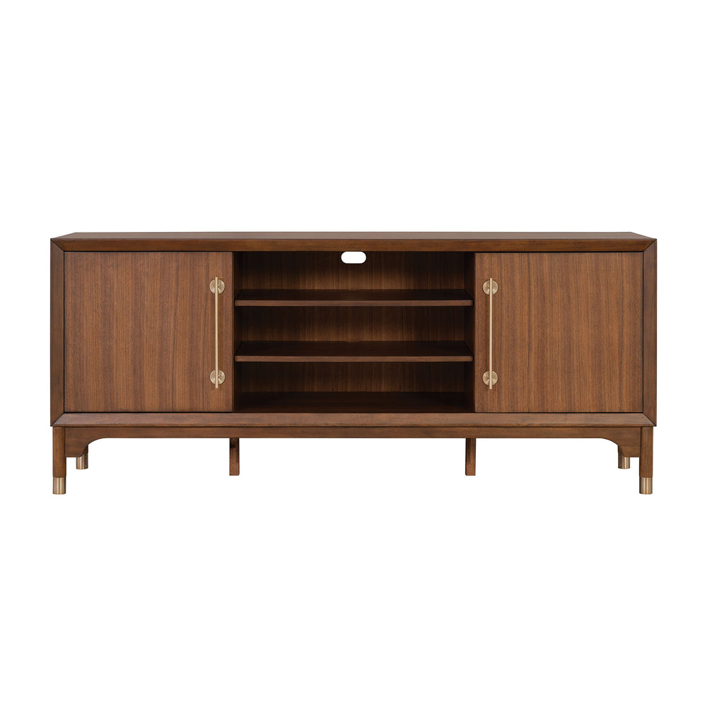 English Elm Mid-Century TV Stand with Gold-Capped Legs and Adjustable Shelves, Retro Modern 70" Media Console Walnut 73 L x 21 W x 31 H B2741P395431