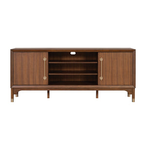 English Elm Mid-Century TV Stand with Gold-Capped Legs and Adjustable Shelves, Retro Modern 70" Media Console Walnut 73 L x 21 W x 31 H B2741P395431