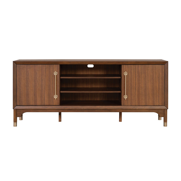 English Elm Mid-Century TV Stand with Gold-Capped Legs and Adjustable Shelves, Retro Modern 70" Media Console Walnut 73 L x 21 W x 31 H B2741P395431
