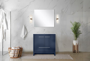 English Elm Navy Blue Bath Vanity Set With White Quartz Top, Chrome Faucet & Matching 28-Inch Mirror Ensemble B2731S02063