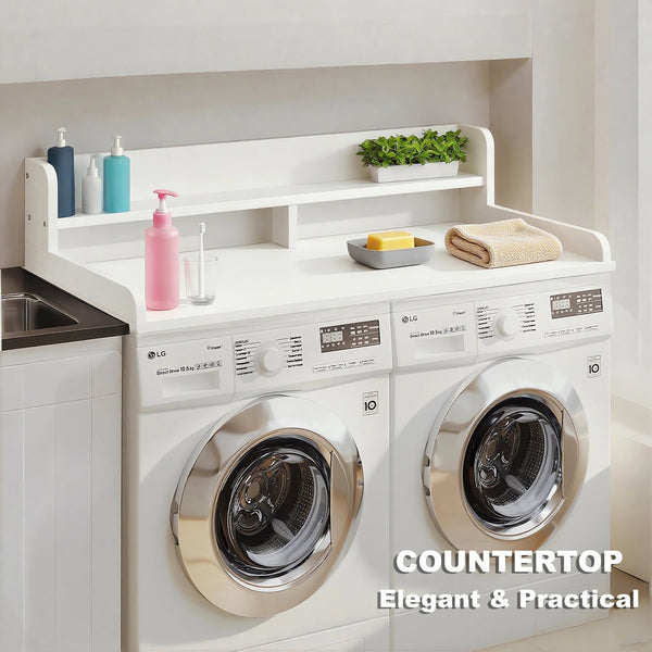 English Elm 2-Tier Washer and Dryer Countertop 54" x 27.5" Laundry Topper with 2.75" Guard for Folding Space White W3101P351070