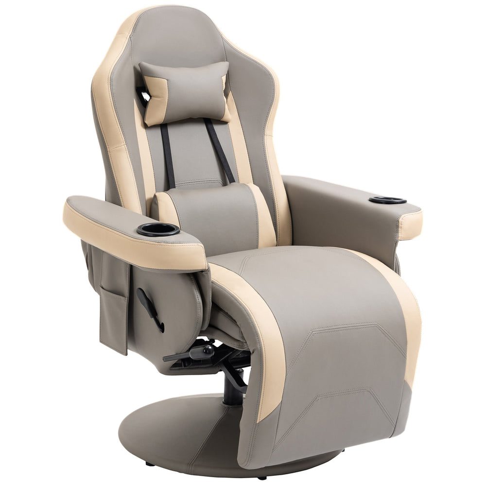 English Elm HOMCOM Grey PU Leather Recliner Armchair with 135° Recline, 360° Swivel, Cup Holder & Storage Pocket, Adjustable Headrest and Footrest W2225P173864